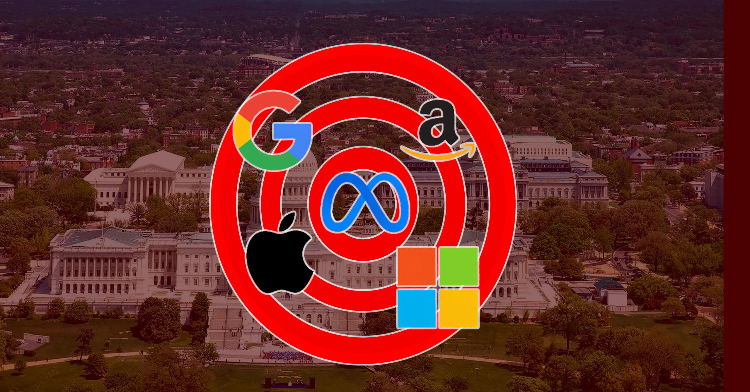 Logos for Google, Amazon, Apple and Microsoft on top of a taret with Washington D.C. in the background